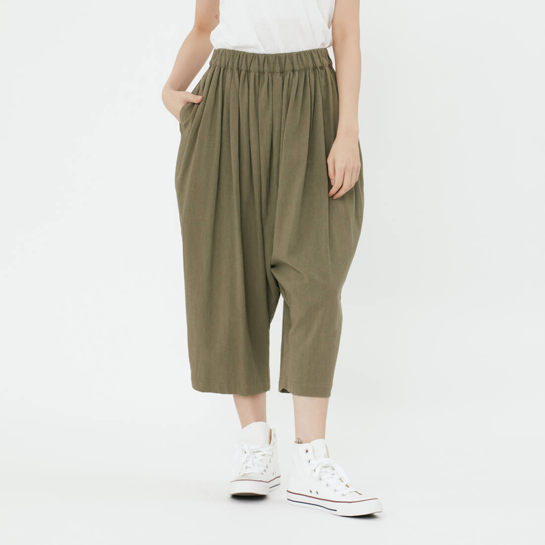 Bruce水洗棉麻低檔飛鼠褲/軍綠