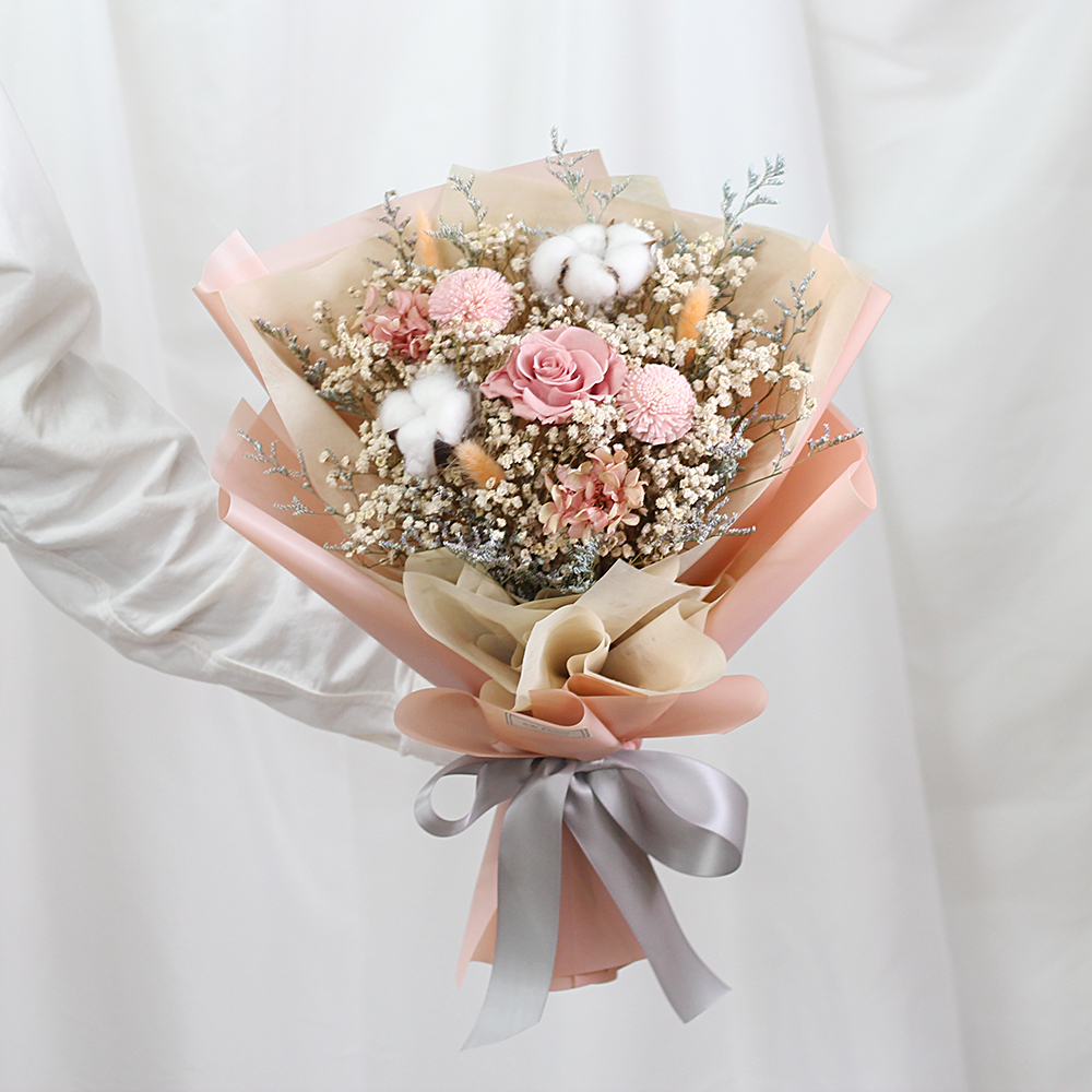 |自然網美風格-求婚乾燥花束-永生玫瑰-草莓牛奶色-大型|