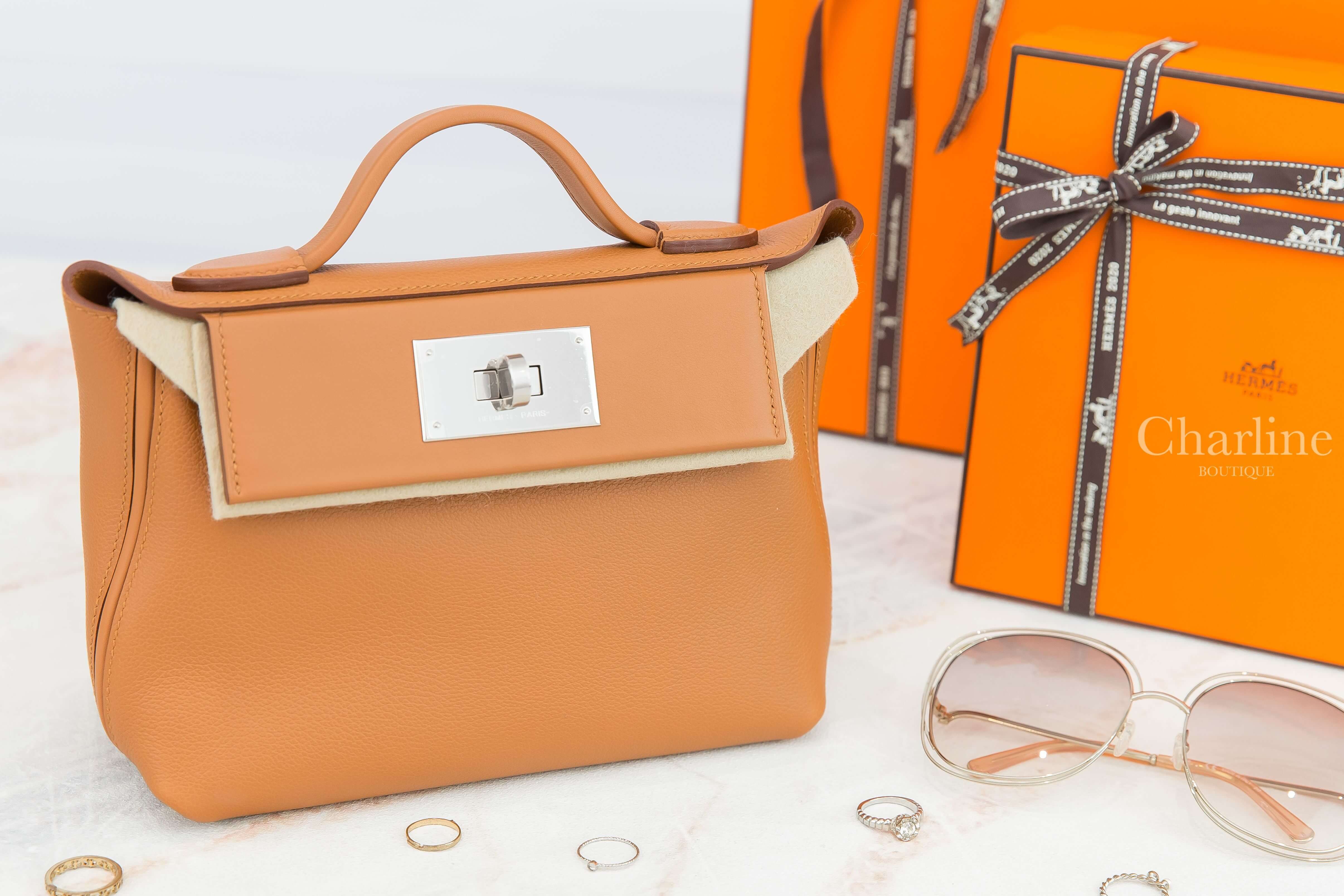 Hermès Mini Kelly 24/24 21 37 Gold Evercolor Z刻焦糖色銀釦手提肩背包-Charline Boutique 精品代購