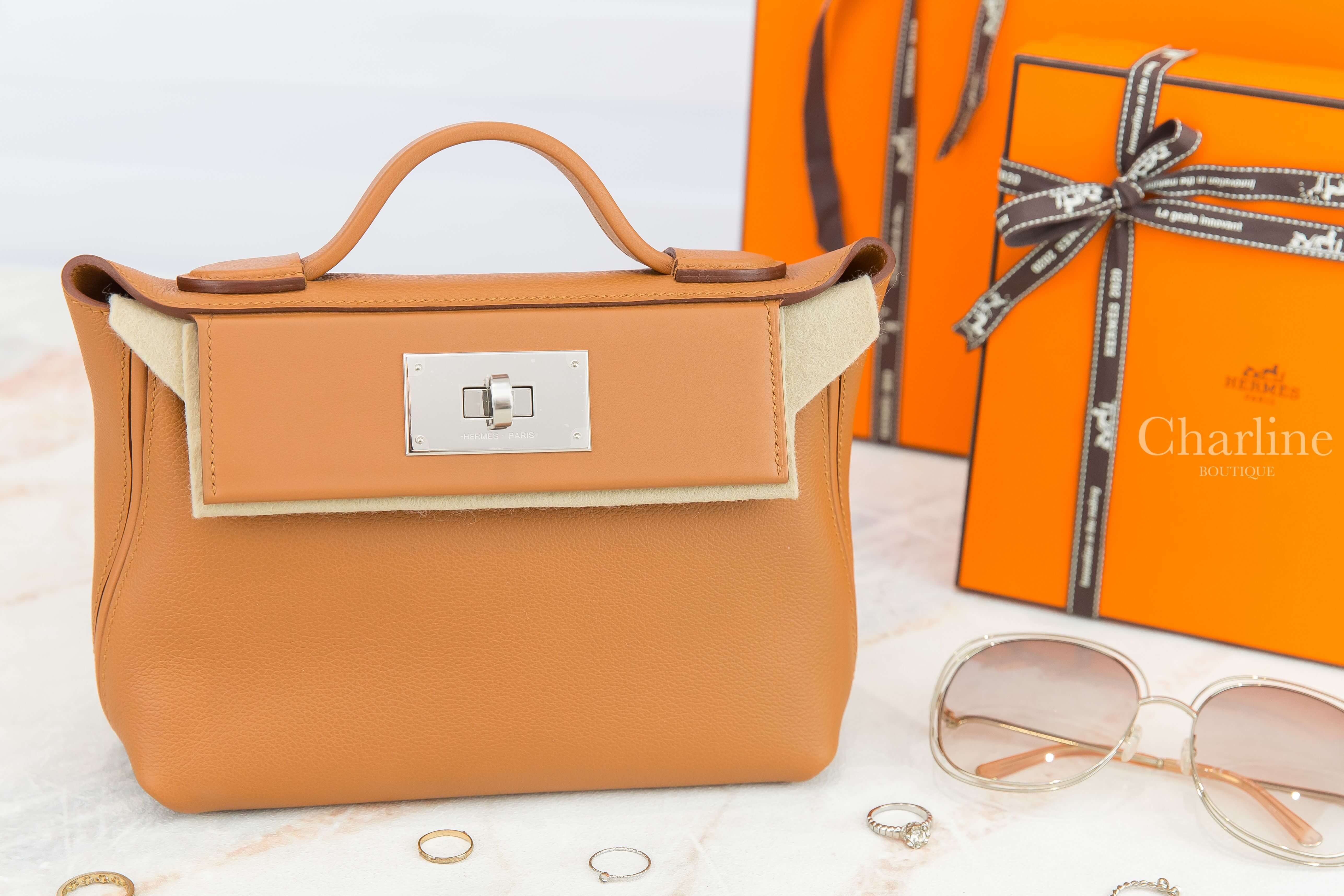 Hermès Mini Kelly 24/24 21 37 Gold Evercolor Z刻焦糖色銀釦手提肩背包-Charline Boutique 精品代購