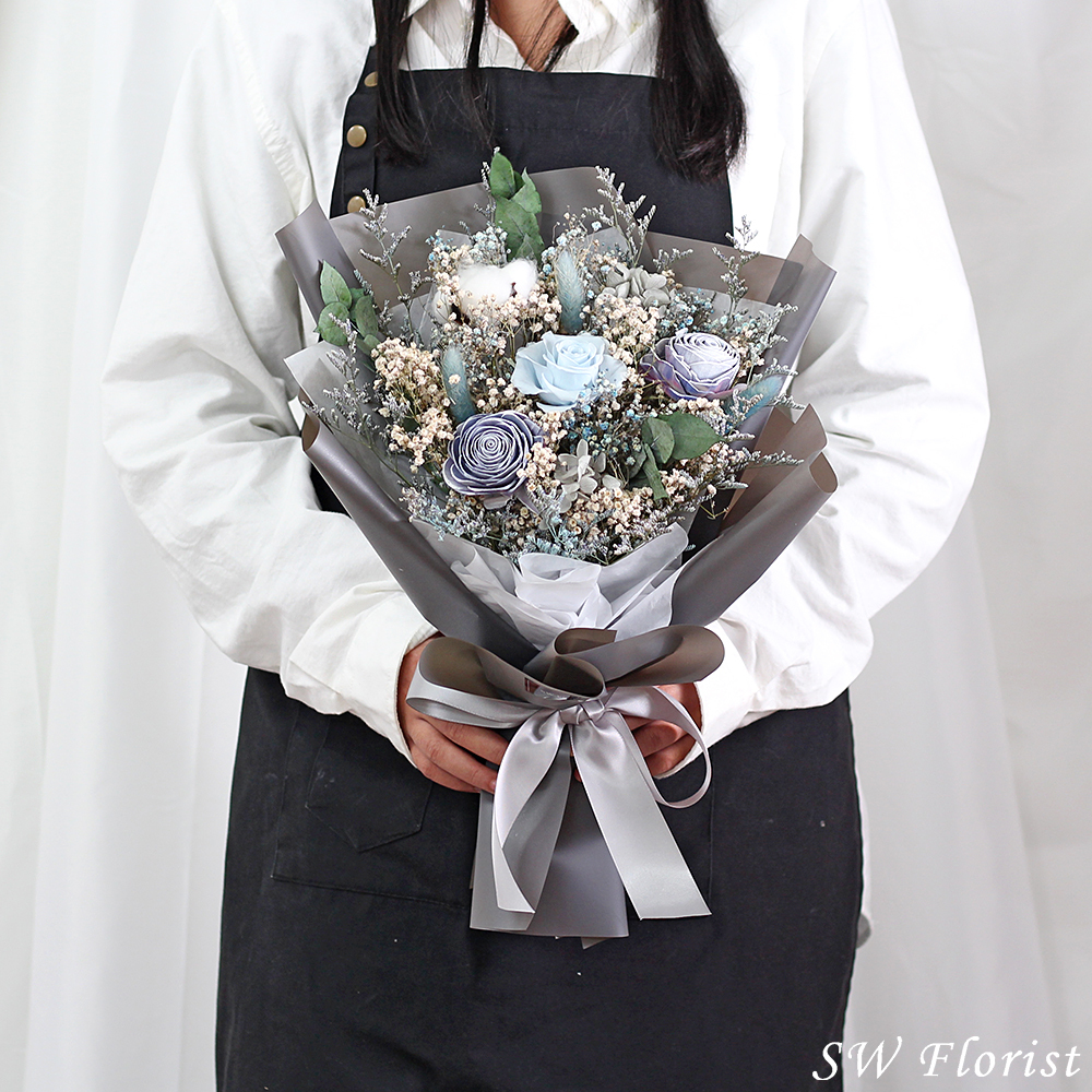 |莫蘭迪超級解憂灰-滿天星乾燥花束-永生玫瑰-迷霧森林-大型|