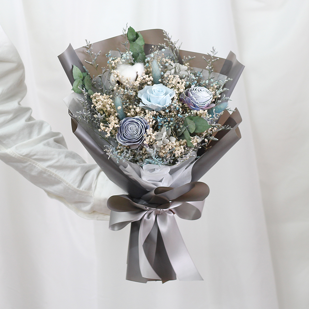 |莫蘭迪超級解憂灰-滿天星乾燥花束-永生玫瑰-迷霧森林-大型|