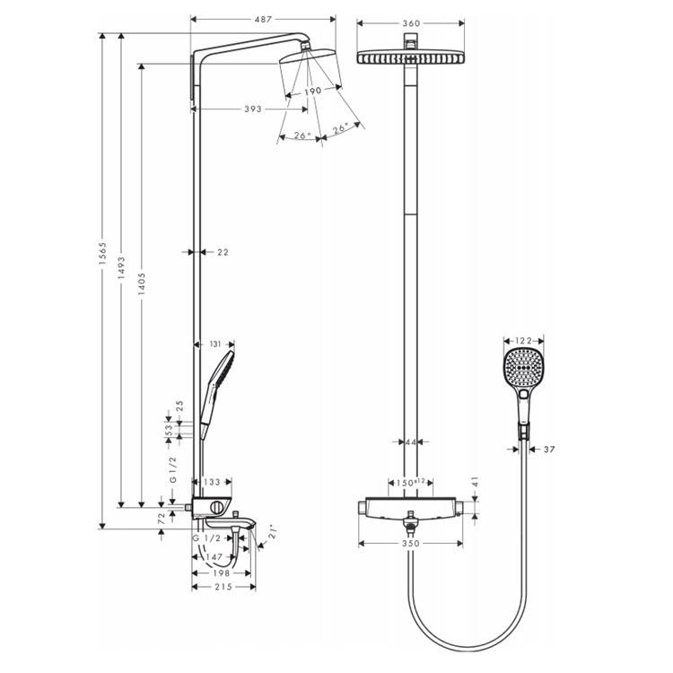 hansgrohe Raindance Select 360 27113, -000 Thermostatic Showerpipe for bath with E 360 1jet overhead