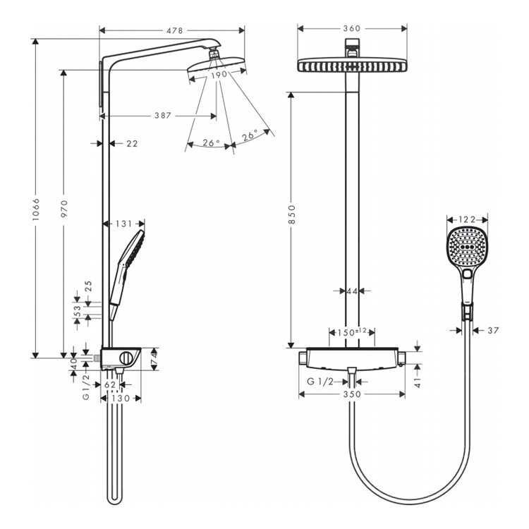 hansgrohe Raindance Select 360 27112, -000 Thermostatic Showerpipe with E 360 1jet overhead