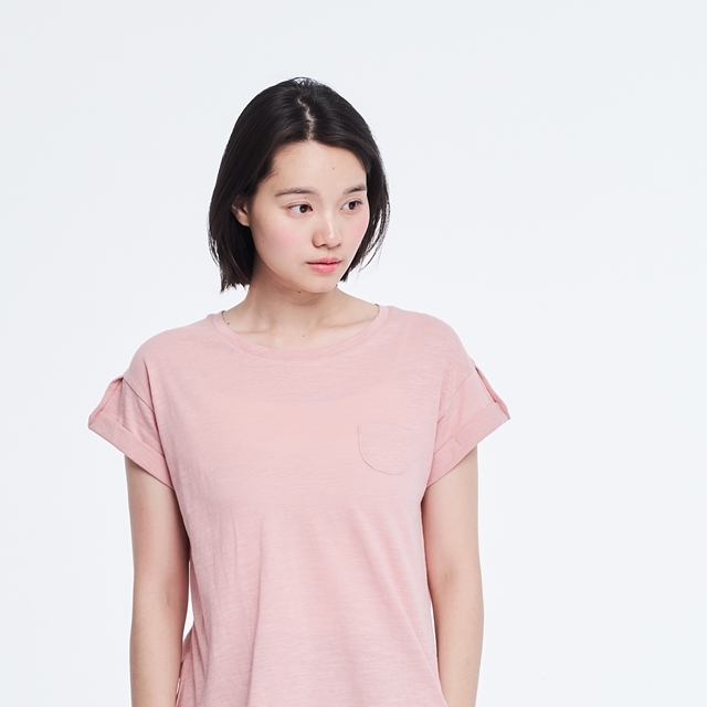 竹節棉褶袖鈕扣上衣/櫻花粉Project013