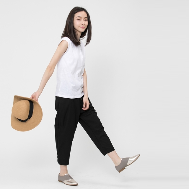 竹節棉半襟小蓋袖上衣/白Project012