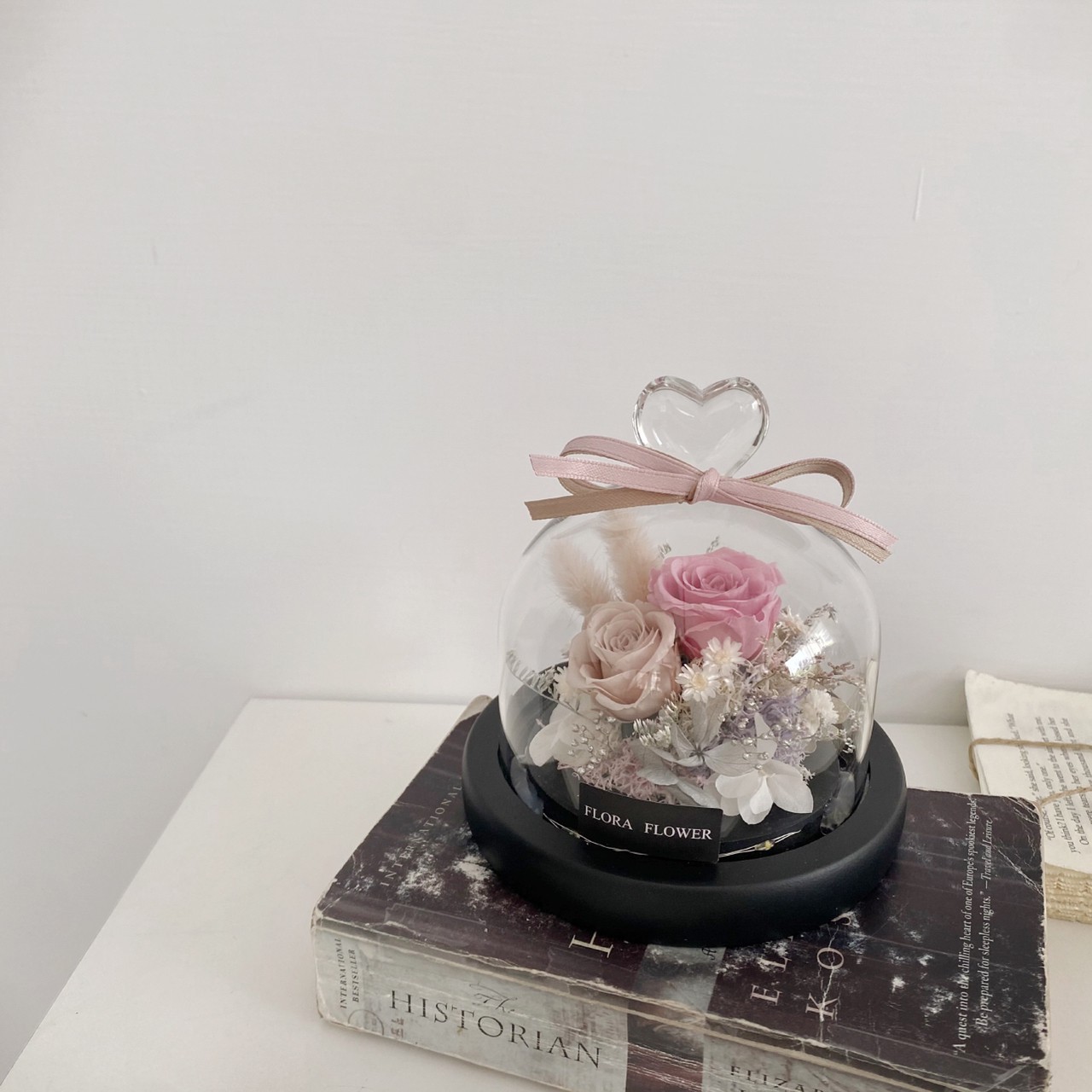 永生花愛心玻璃罩夜燈-奶茶粉