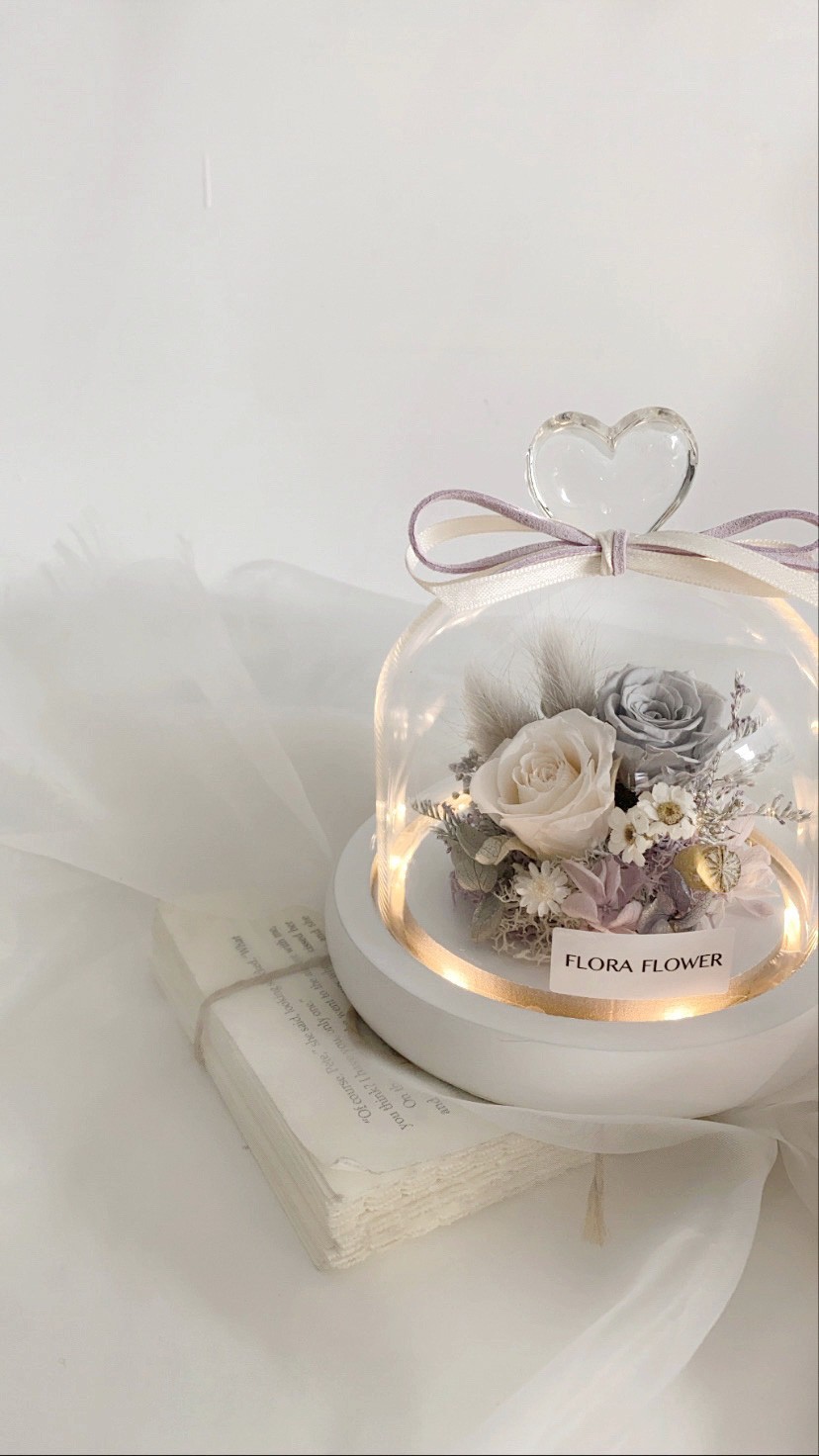 永生花愛心玻璃罩夜燈- 淡雅