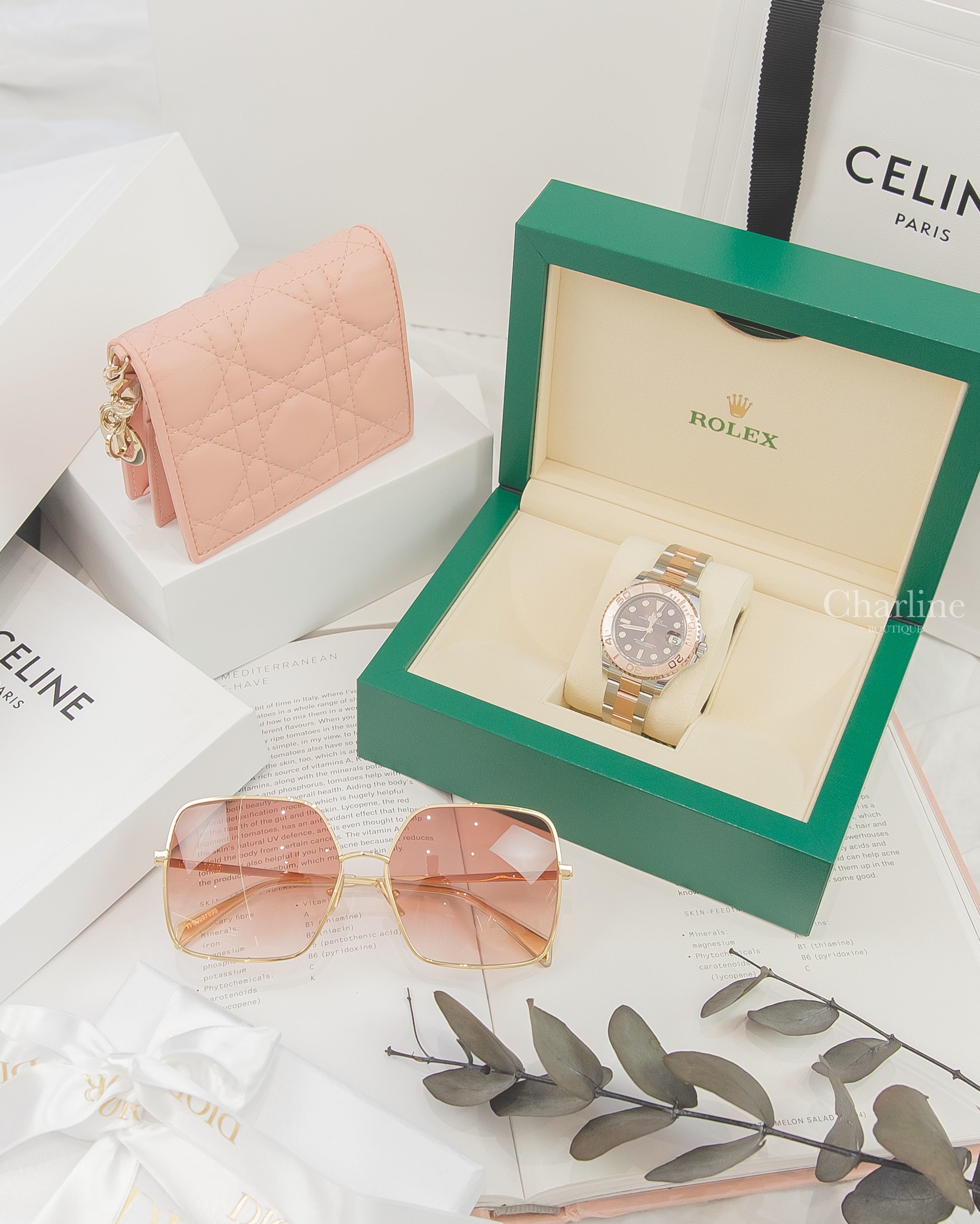 Dior Lady Medium Wallet 淺粉色羊皮藤格紋釦式短夾,Celine Metal Frame 09 Sunglasses 粉色漸層金屬方框太陽眼鏡附白色黑框字母肩背包兩件組-Charline Boutique 精品代購