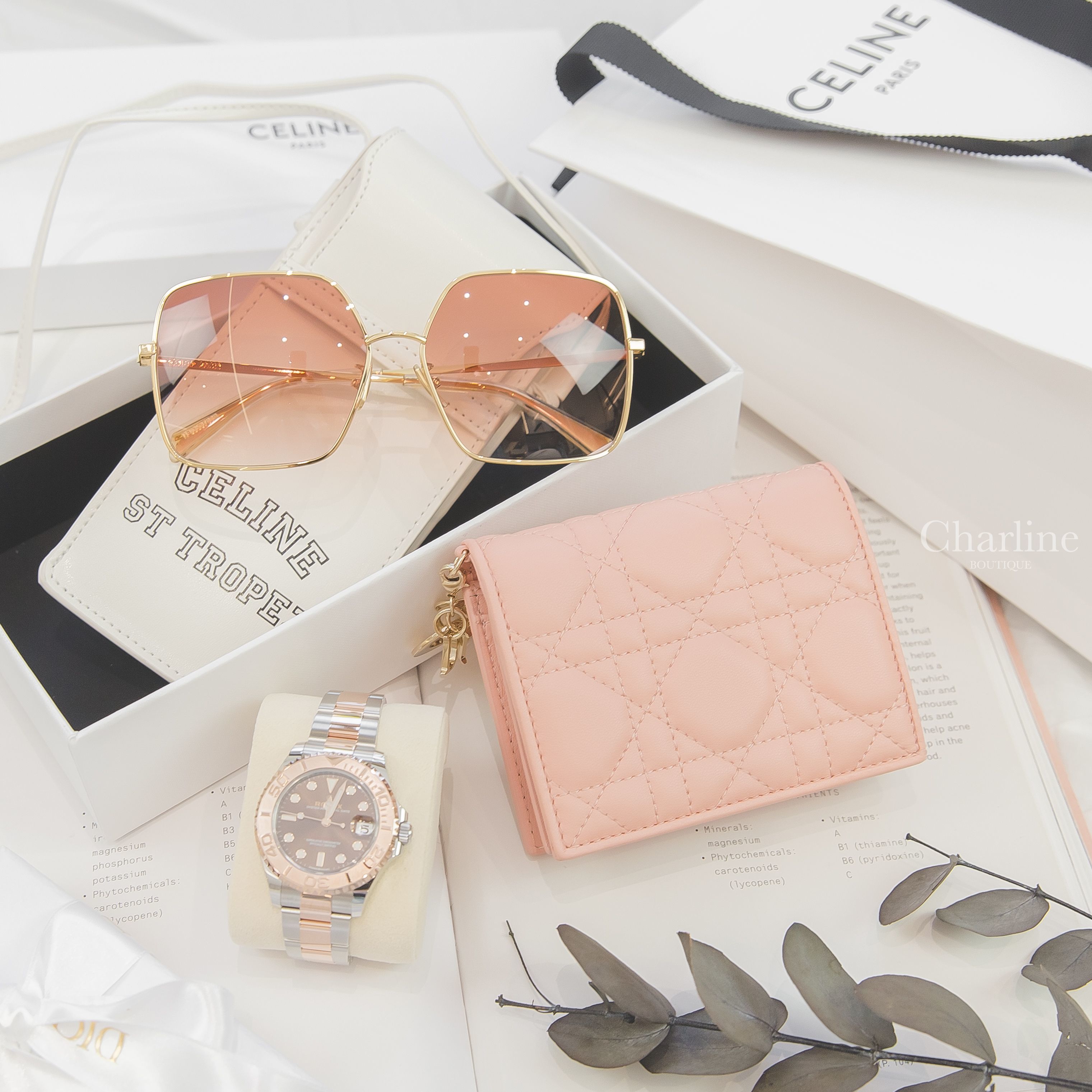 Dior Lady Medium Wallet 淺粉色羊皮藤格紋釦式短夾,Celine Metal Frame 09 Sunglasses 粉色漸層金屬方框太陽眼鏡附白色黑框字母肩背包兩件組-Charline Boutique 精品代購