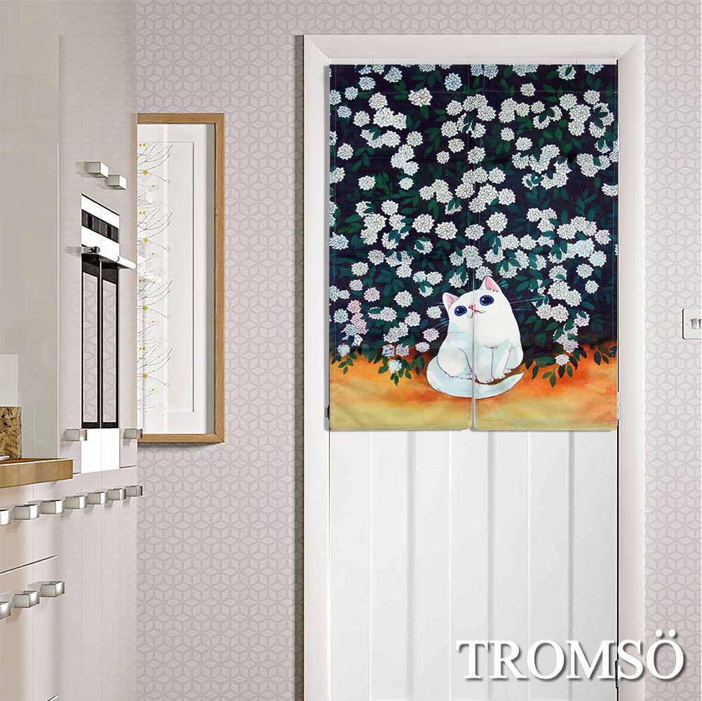 厚白棉麻風尚門簾D38白貓花叢