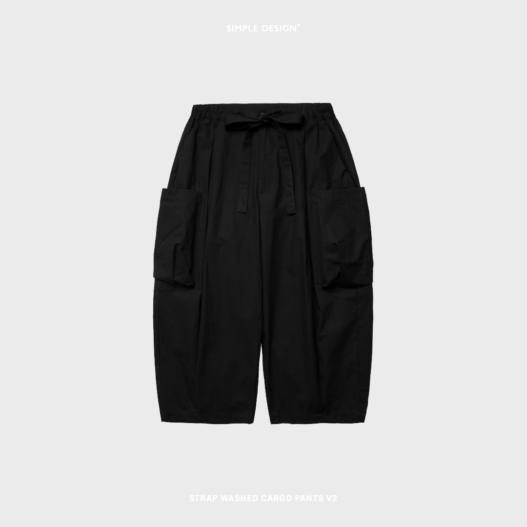 SIMPLE DESIGN - Strap Washed Cargo Pants V2 - Black
