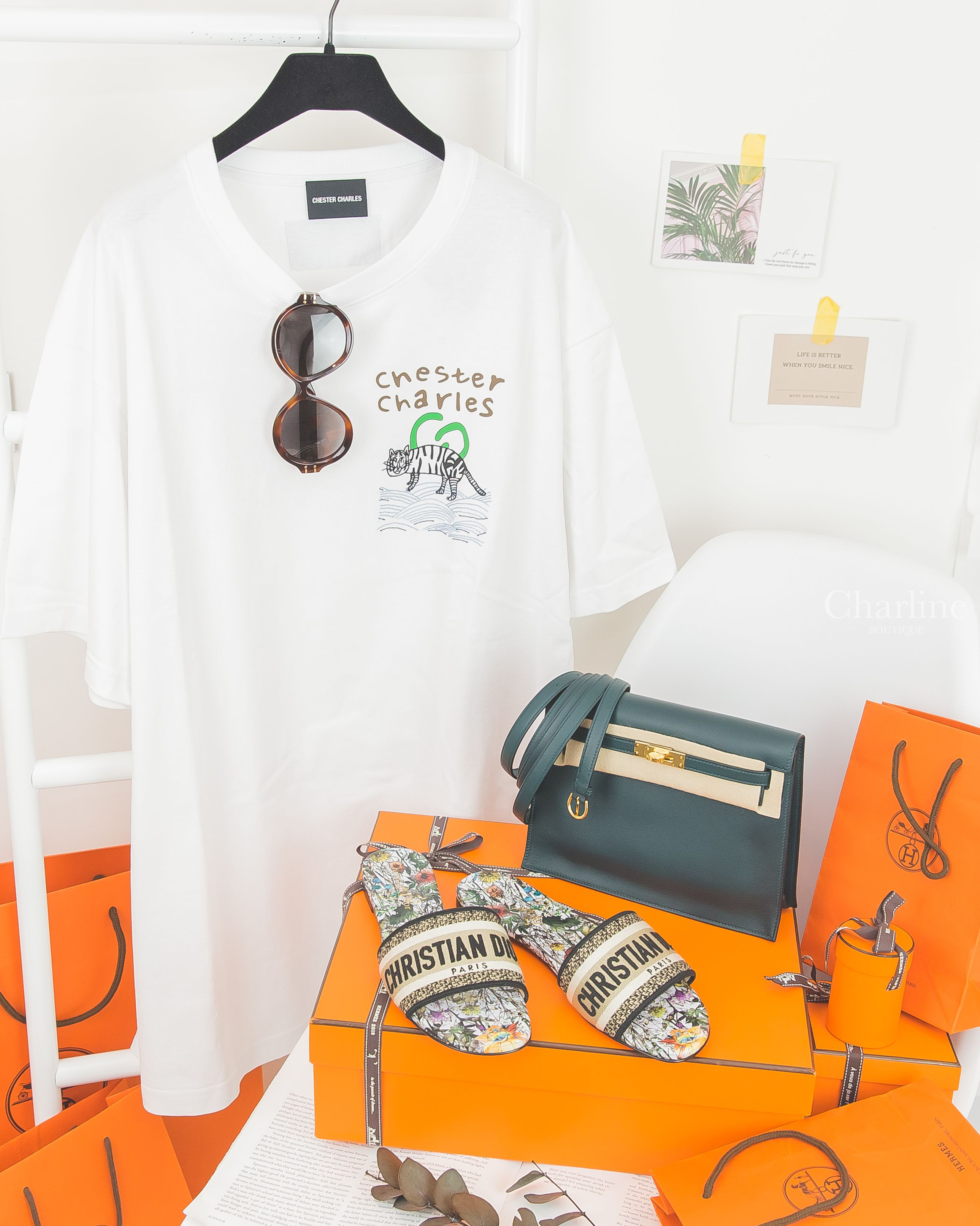 Dior Dway Slide 彩色花卉印花刺繡Logo拖鞋,Dior Sunglasses 淺褐色玳瑁圓框側邊金色Logo太陽眼鏡,Hermès Kelly Danse 6O Swift 松柏綠金釦-Charline Boutique 精品代購