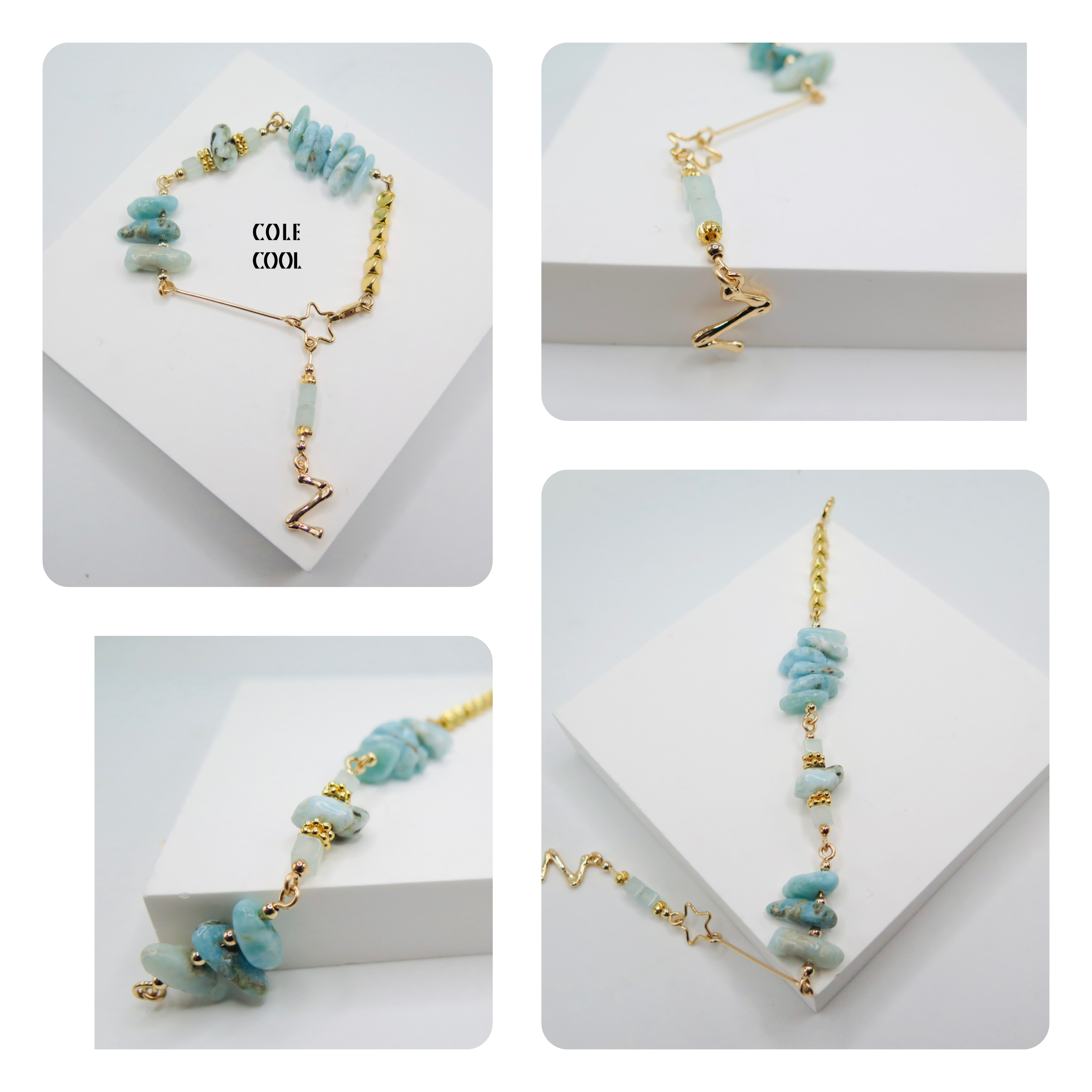 COLE COOL Aquamarine 14kgf bracelet Pick your letter series