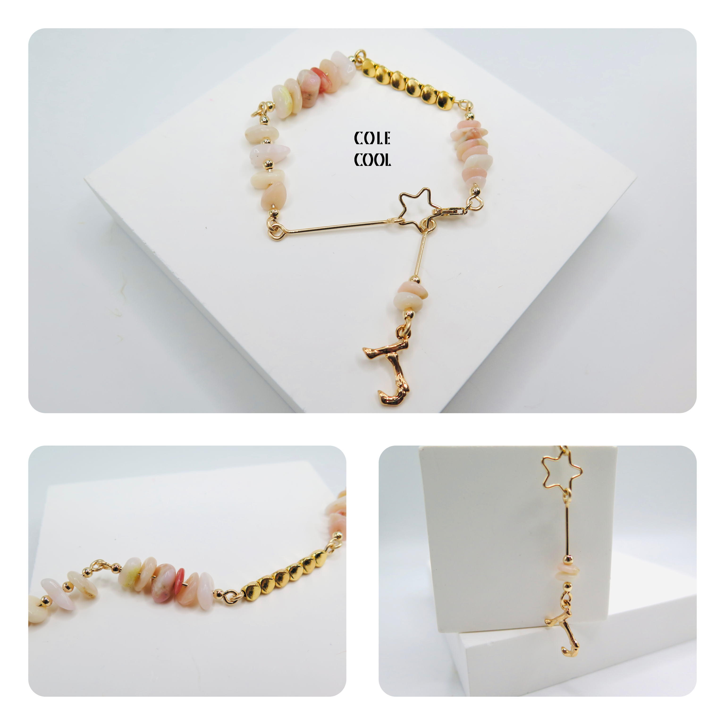 COLE COOL pink Opal 14kgf bracelet free to pick letter