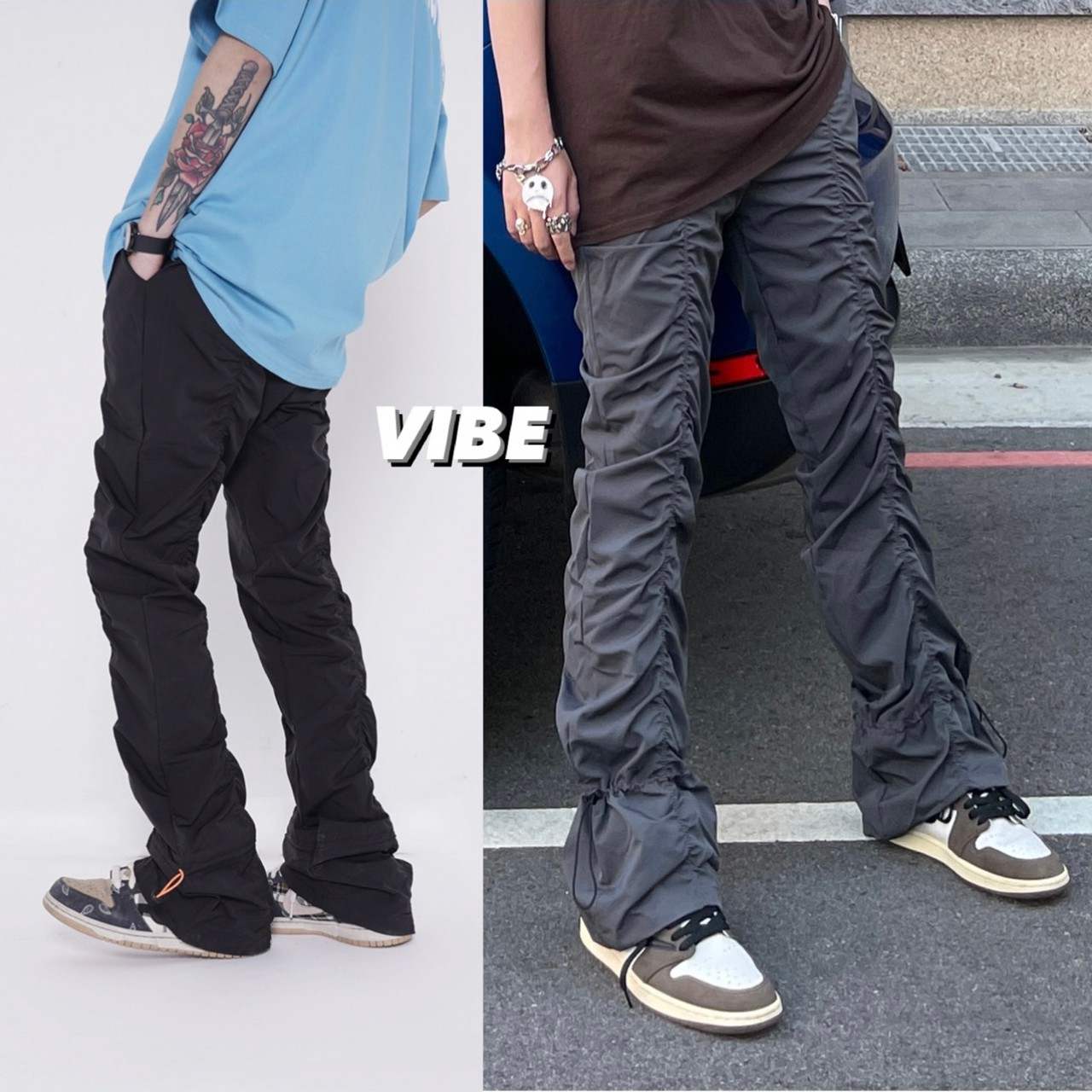 Vibe Metallic Nylon Snake Pants Micro-flared Pleated Pile-up Drawstring Pants Wide Leg Pants