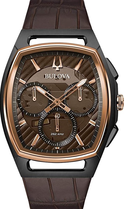 萬年鐘錶 - BULOVA 寶路華  Curv 系列 弧形高精準度皮革男錶 98A264  錶徑 44MM