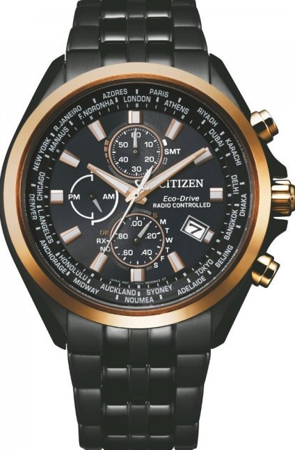 萬年鐘錶 - Citizen 星辰錶   全黑玫瑰金外框世界時間電波對男錶  AT8206-81L 錶徑44MM
