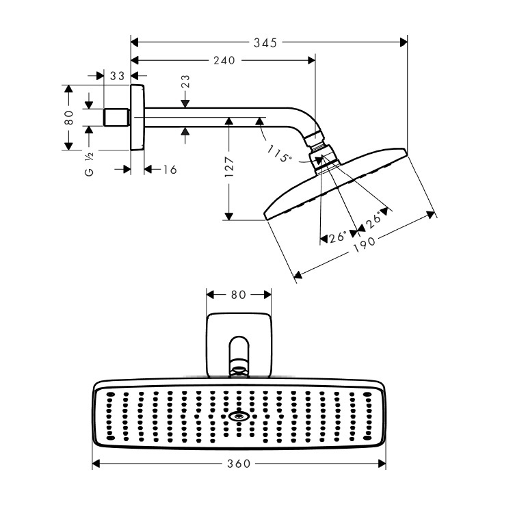 hansgrohe Raindance E 27371, -000 Overhead shower 360 Air 1jet with shower arm