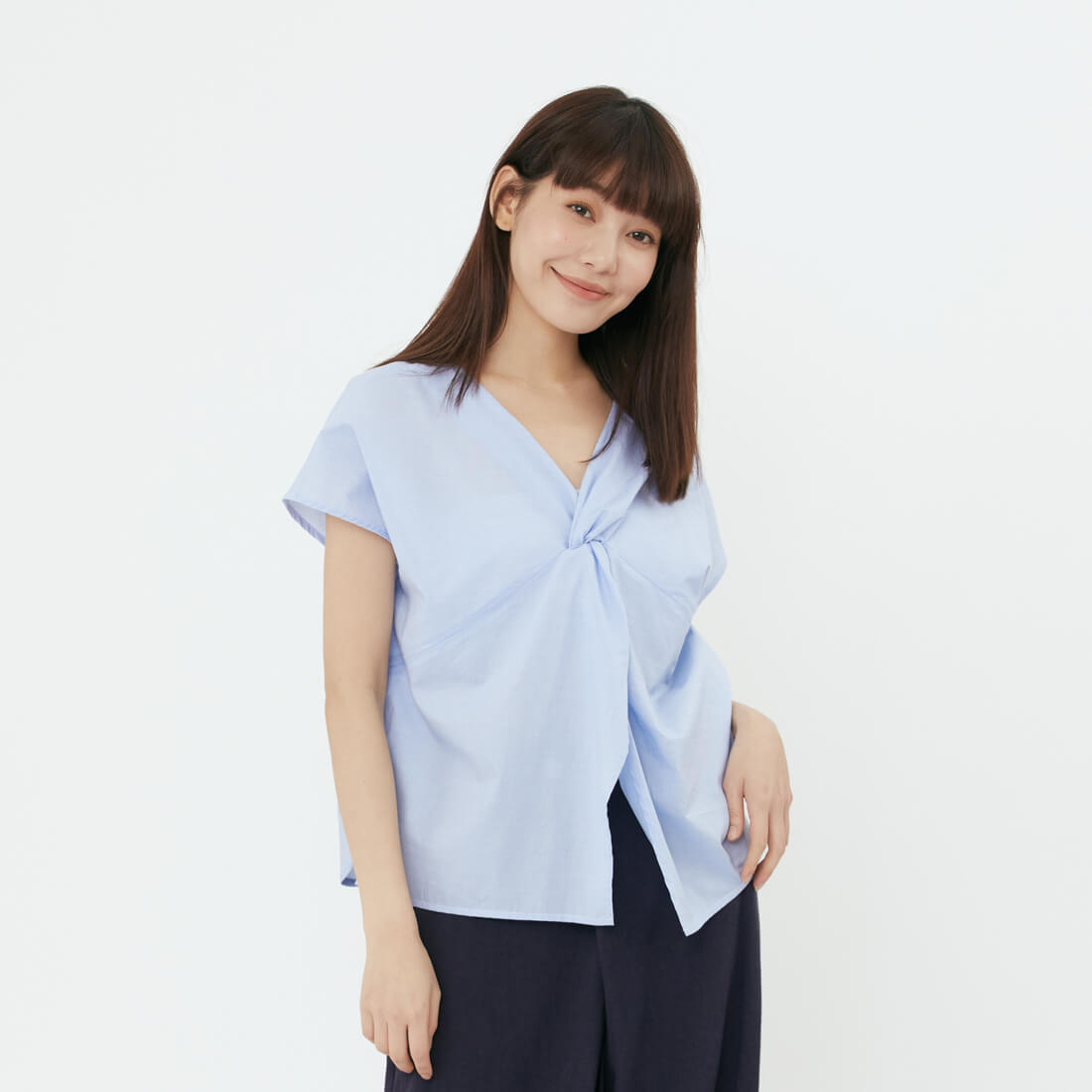 Double 雙面穿小蓋袖背交叉上衣/藍格