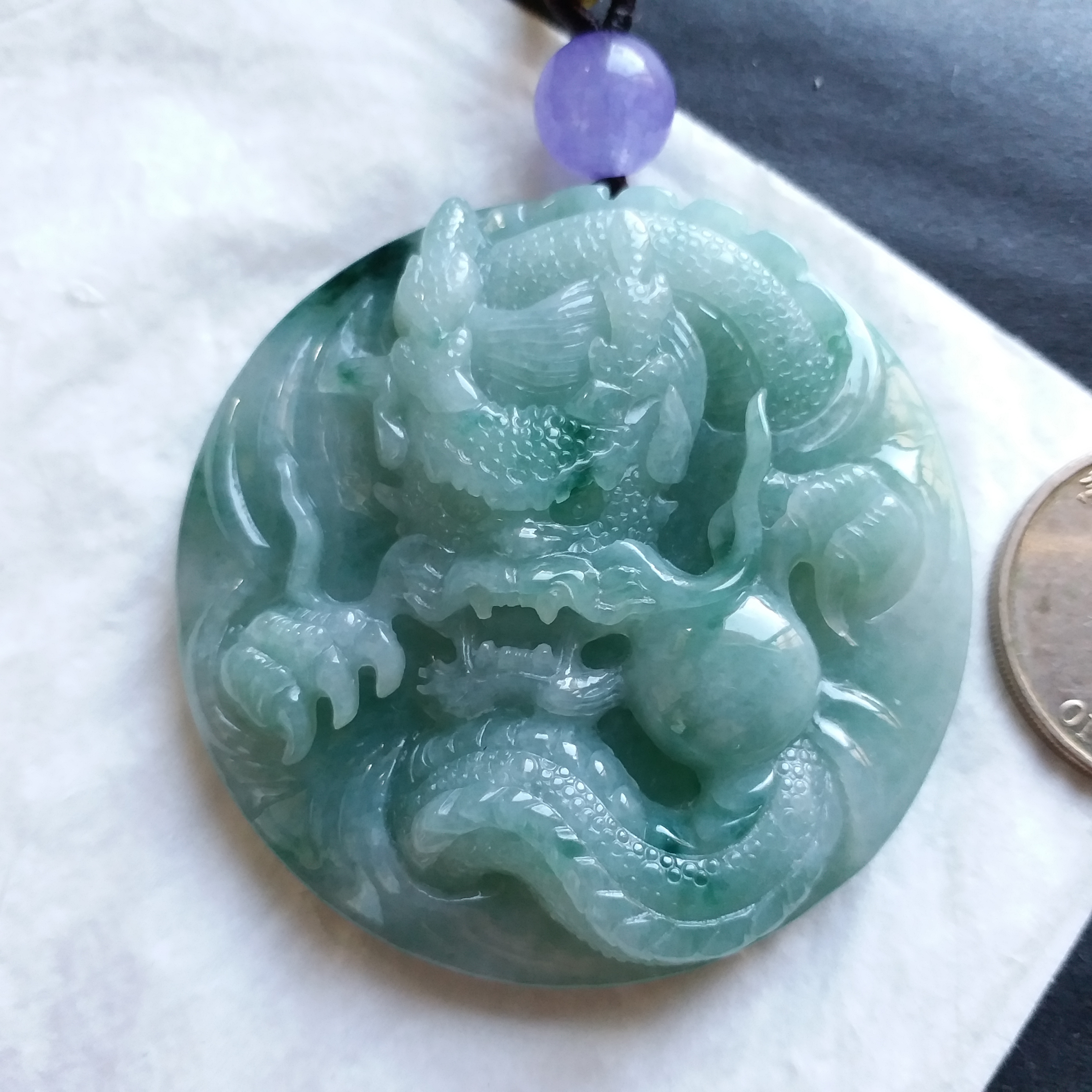 飄藍花龍牌 (54mm直徑), 天然翡翠A玉, 緬甸玉, Jade, Jadeite