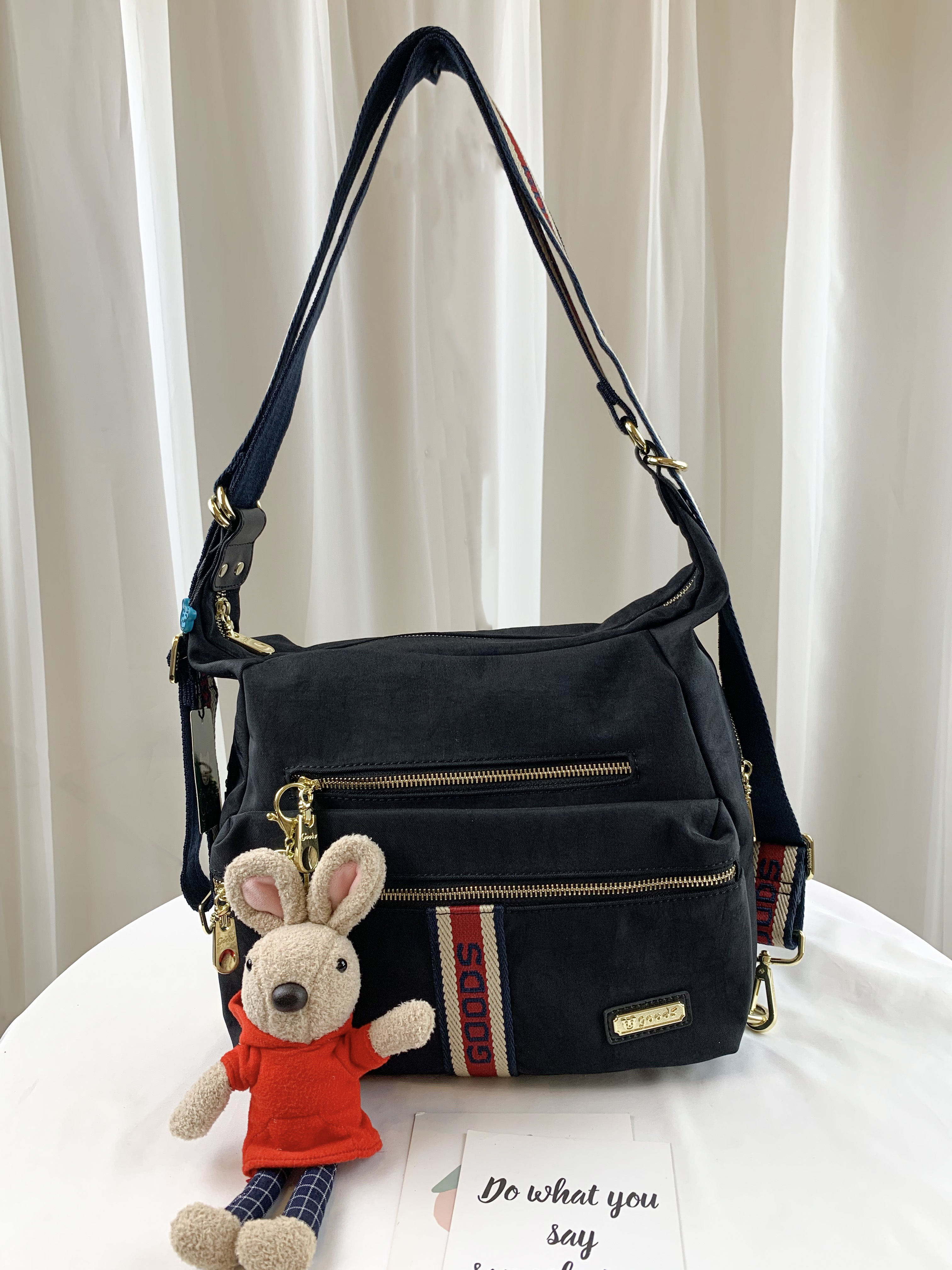 GOODS 織帶黑 防潑水兩用肩背包 / 後背包 附小熊吊飾 #2753