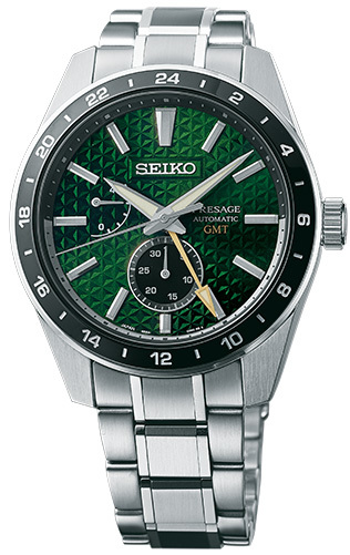 萬年鐘錶 - SEIKO Presage    綠面麻葉圖紋GMT紳士時尚機械錶 6R64-00C0G / SPB219J1  錶徑42.2MM