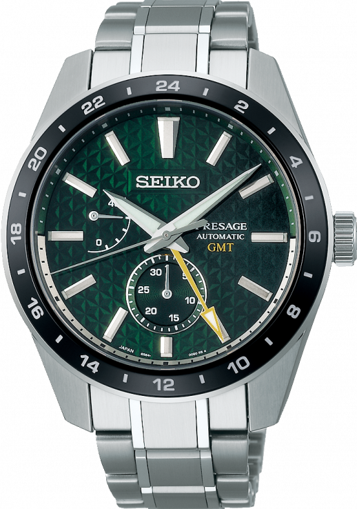 萬年鐘錶 - SEIKO Presage    綠面麻葉圖紋GMT紳士時尚機械錶 6R64-00C0G / SPB219J1  錶徑42.2MM