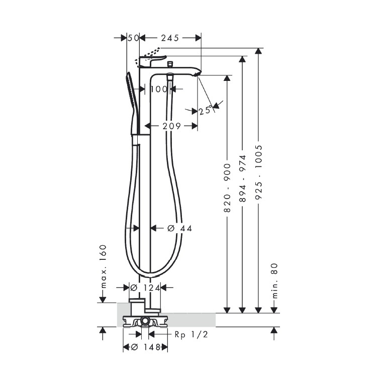 hansgrohe Metris 31471, -000 + 10452, -180 Single lever bath mixer floor-standing - GA Approval