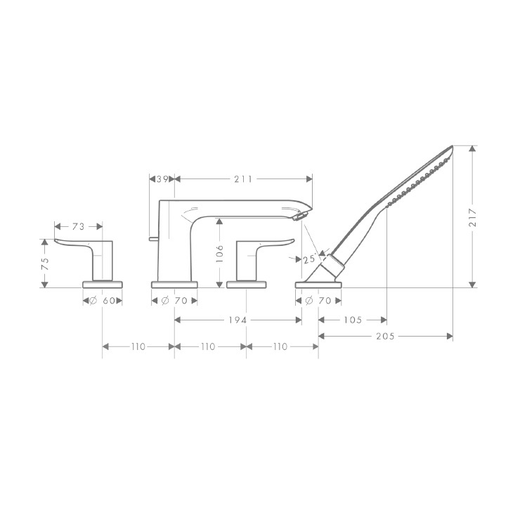 hansgrohe Metris 31442, -000 + 13444, -180 4-hole rim mounted single lever bath mixer
