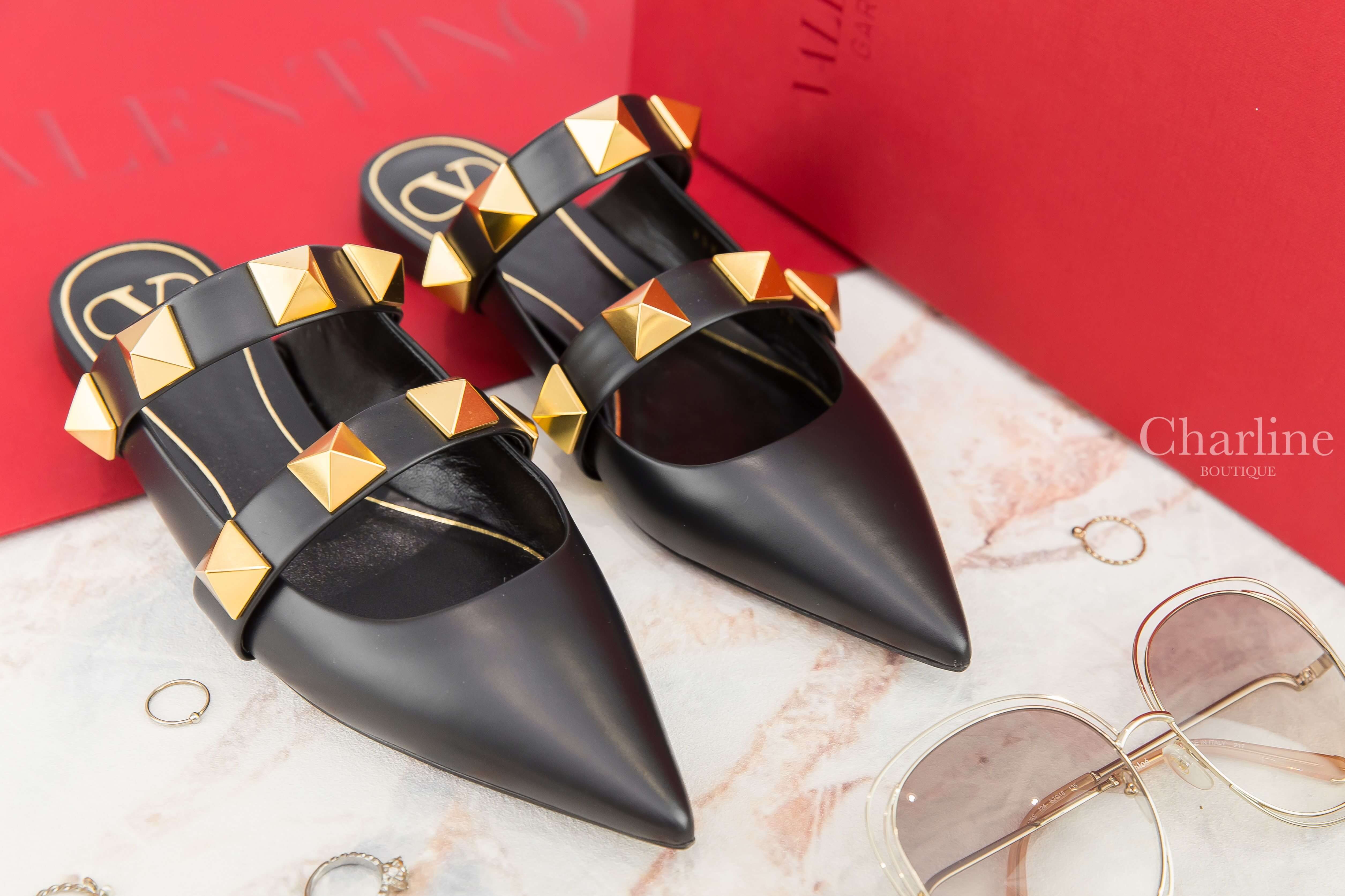 Valentino Roman Stud Flat Mule In Calfskin 黑色龐克大卯釘尖頭羅馬小牛皮穆勒鞋