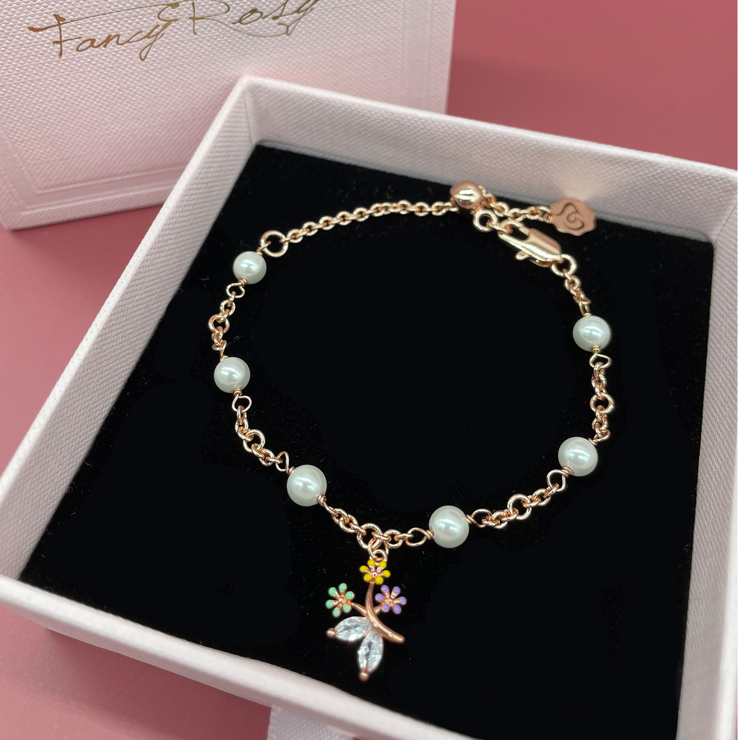 Crystal Floral Pearl Bracelet (Rose Gold)