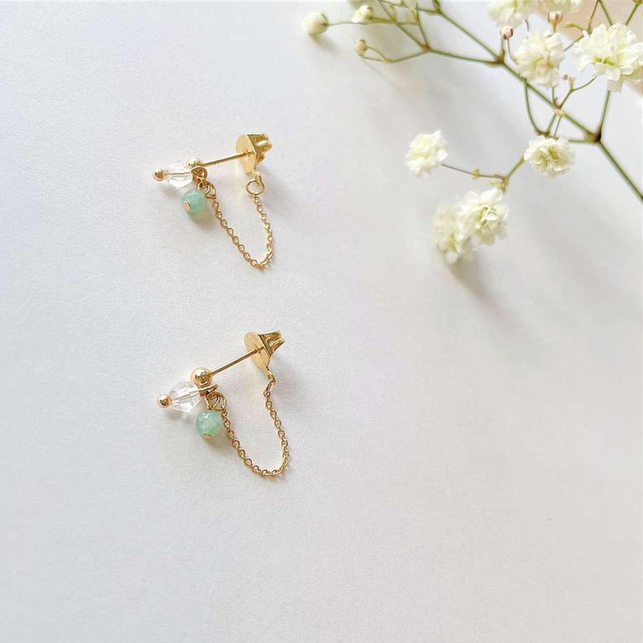 │輕奢│天河石 • 微垂墜耳鍊 • 耳針  • 14K注金 • 14kgf
