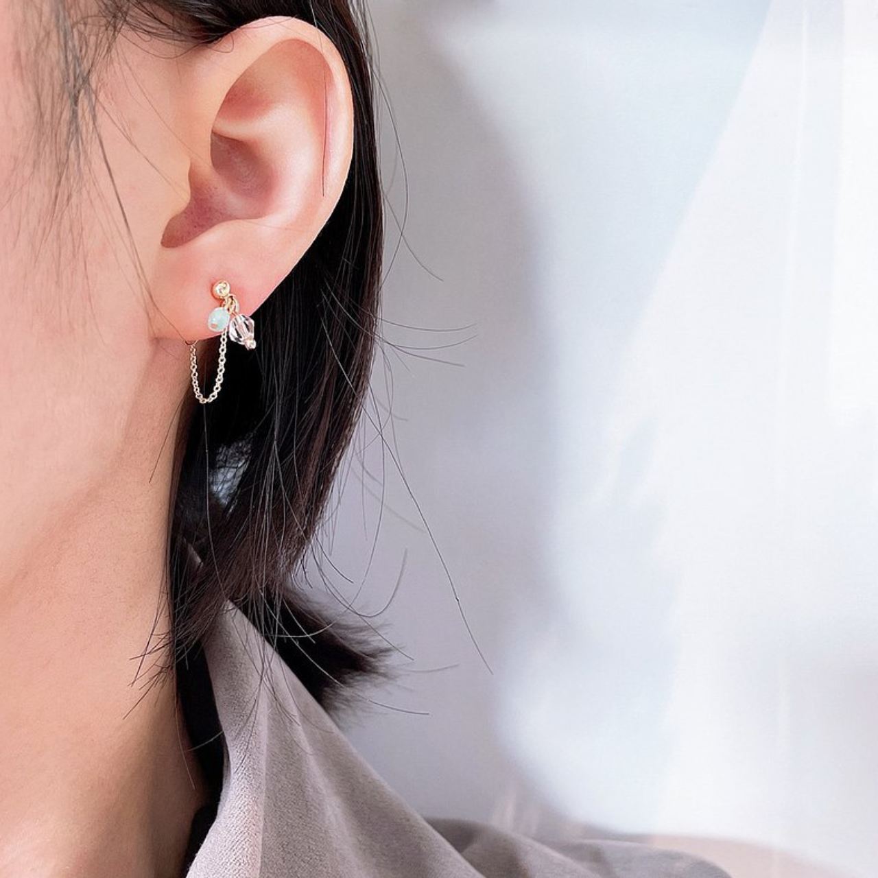 │輕奢│天河石 • 微垂墜耳鍊 • 耳針  • 14K注金 • 14kgf