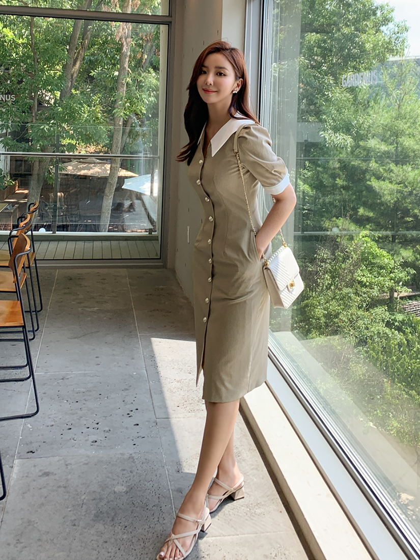 優雅翻領亞麻洋裝(米色)