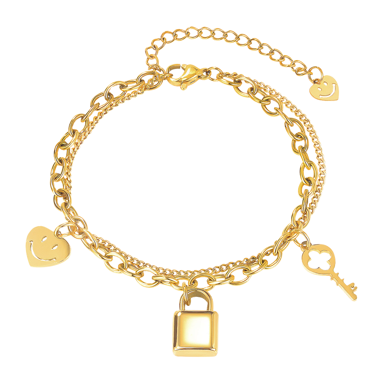 白鋼手鍊，女士手鍊 鎖頭鑰匙與愛心吊牌；雙層鍊身設計 鎖住愛情（1953金色）
