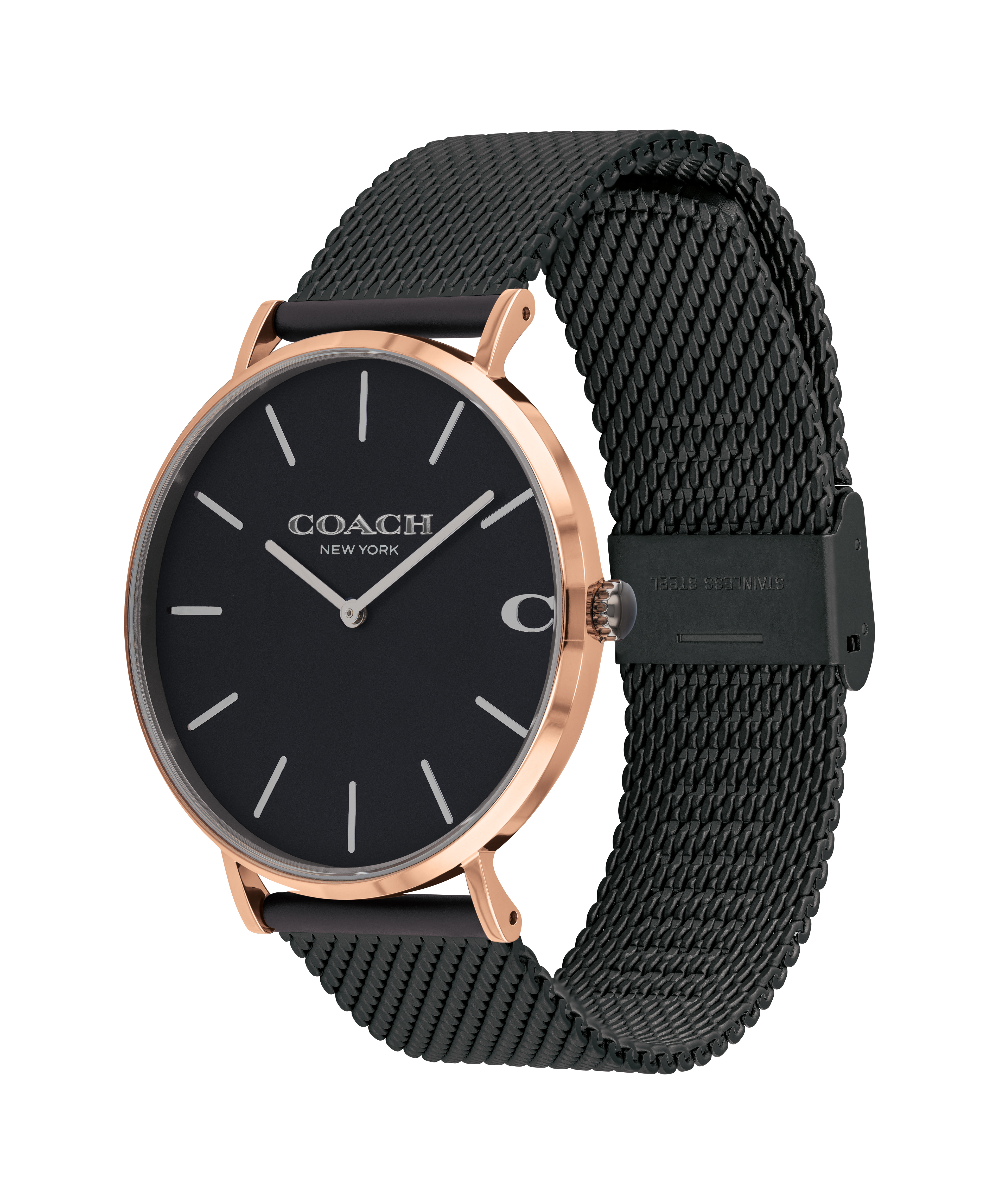 萬年鐘錶 - COACH錶  全黑玫瑰金框簡約米蘭帶男錶  14602470 錶徑41MM