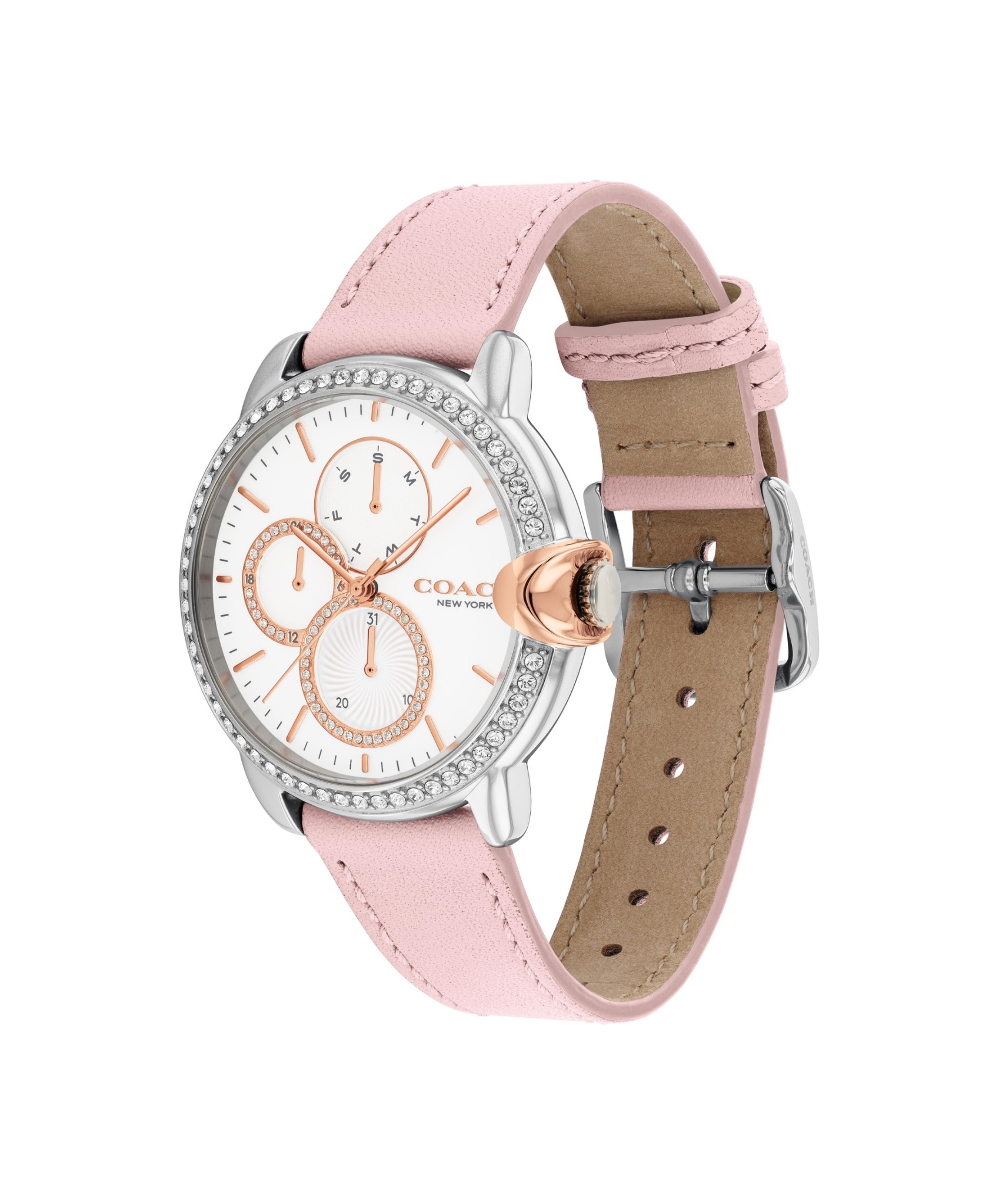 萬年鐘錶 - COACH錶  晶鑽三眼皮革女錶  14503747  錶徑38MM