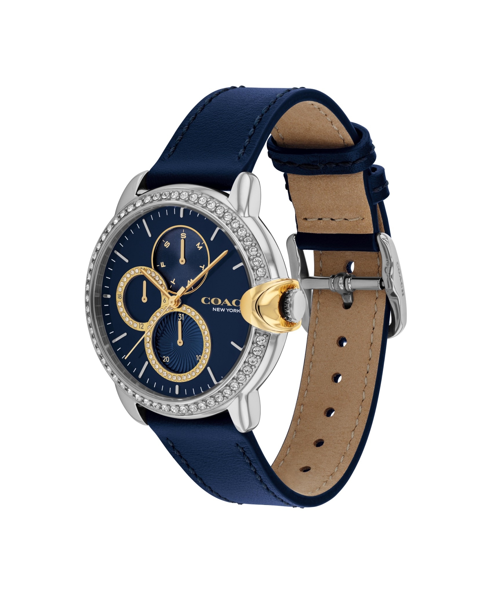 萬年鐘錶 - COACH錶  晶鑽三眼皮革女錶  14503734  錶徑38MM