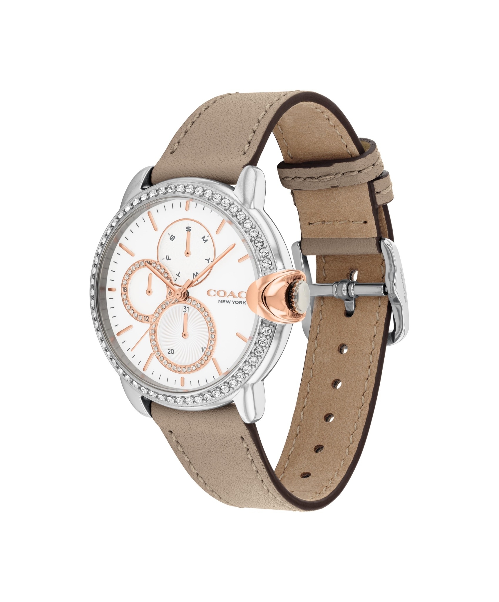 萬年鐘錶 - COACH錶  晶鑽三眼皮革女錶  14503733  錶徑38MM