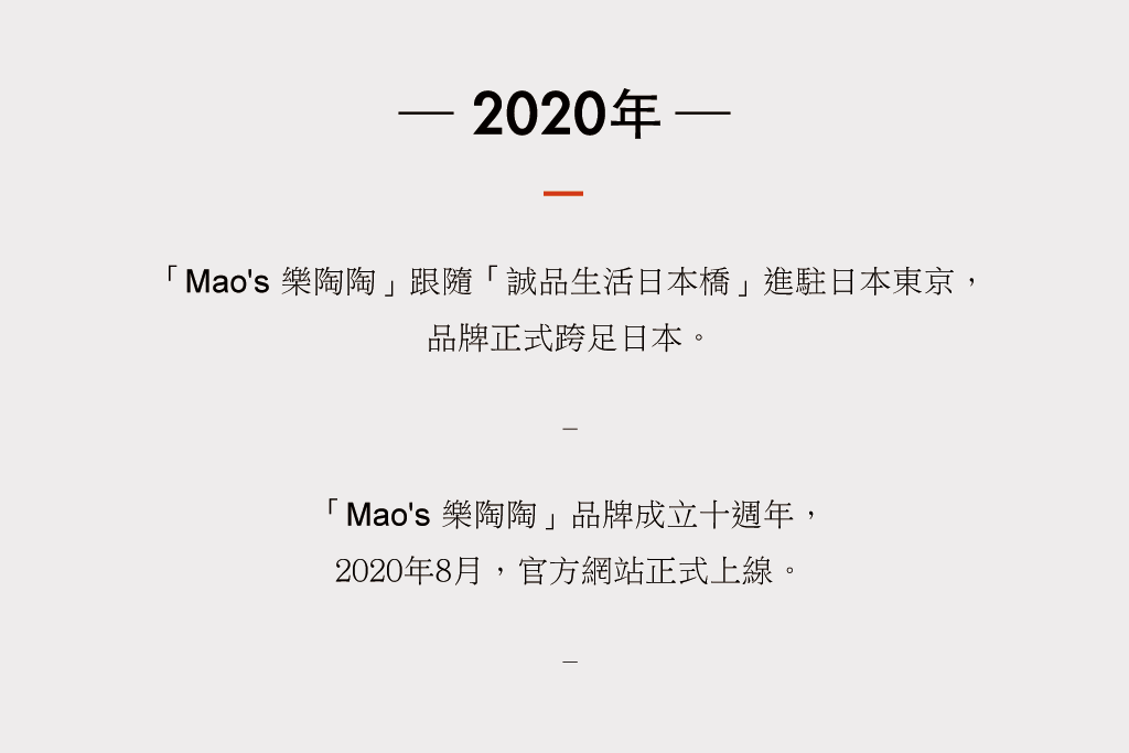 2020年，品牌成立十週年， Mao's 樂陶陶跟隨誠品生活日本橋進駐日本東京， 品牌正式跨足日本。8月，官方網站正式上線。
