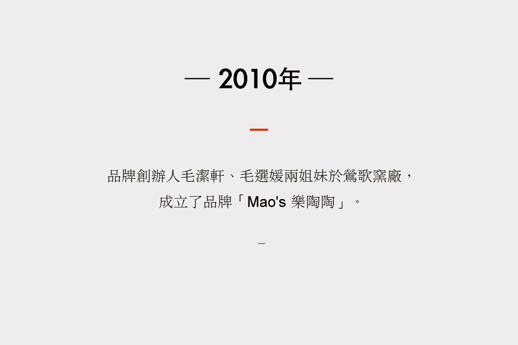 2010年，品牌創辦人毛潔軒、毛選媛兩姐妹於鶯歌成立了「Mao's樂陶陶」。