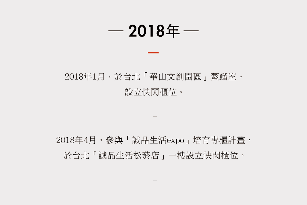 2018年1月，於台北華山文創園區蒸餾室， 設立快閃櫃位。 4月，於台北「誠品生活松菸店」一樓設立快閃櫃位。