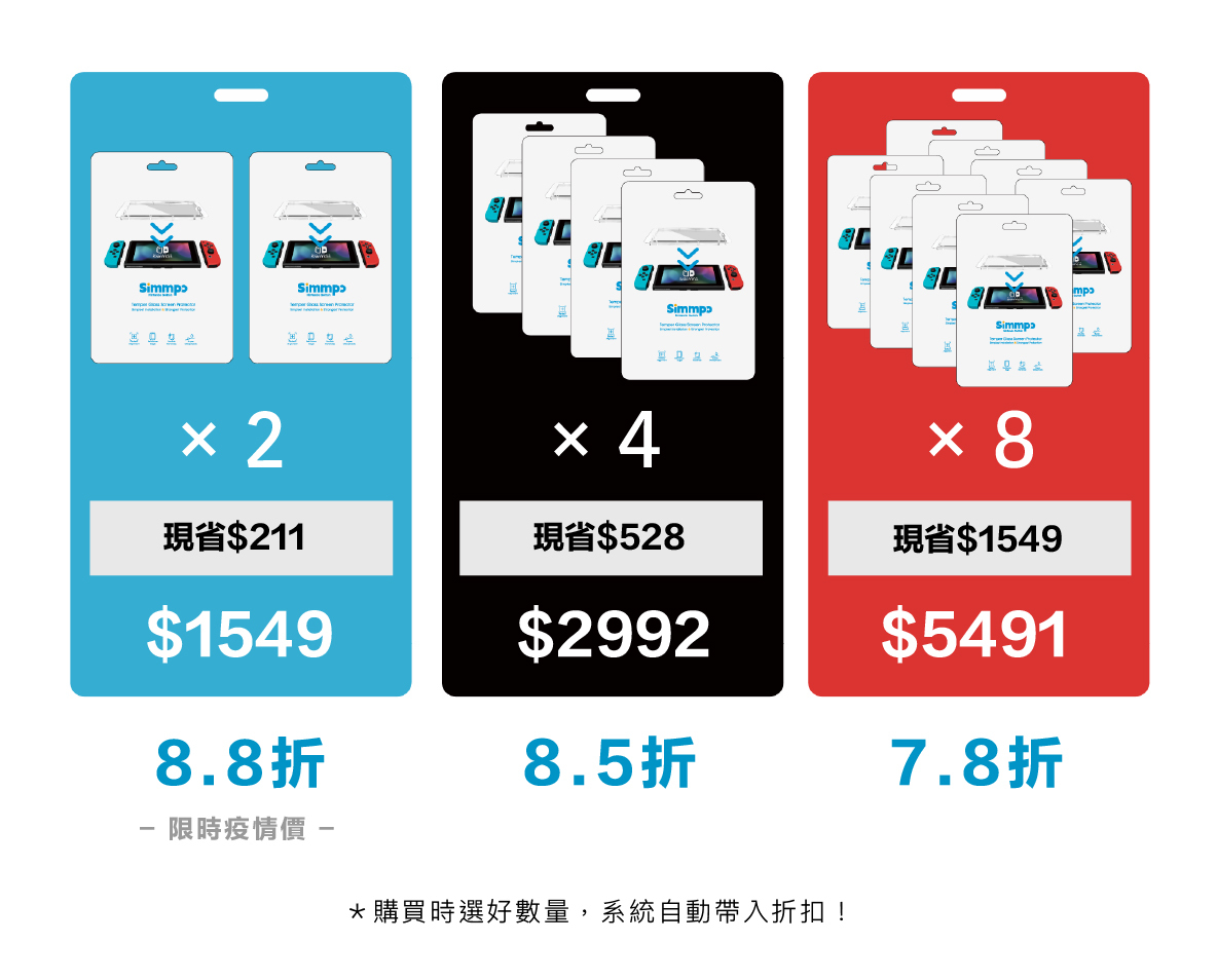 Simmpo Switch保護貼限時團購價，2件88折、4件85折、8件78折
