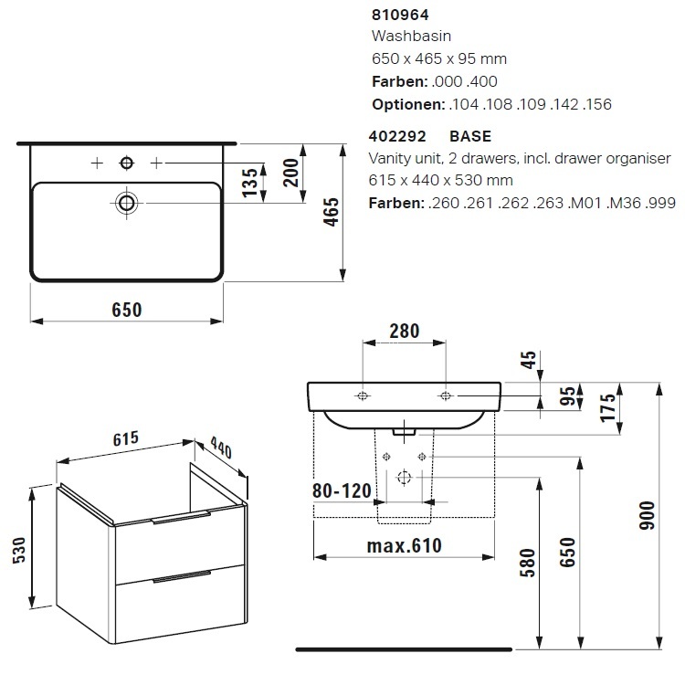 Laufen "Pro S" 8.1096.4.000.104.1 + 8.9988.2.000.000.1 + 4.0229.2.110.263.1 Washbasin with Vanity Unit (Dark Elm)