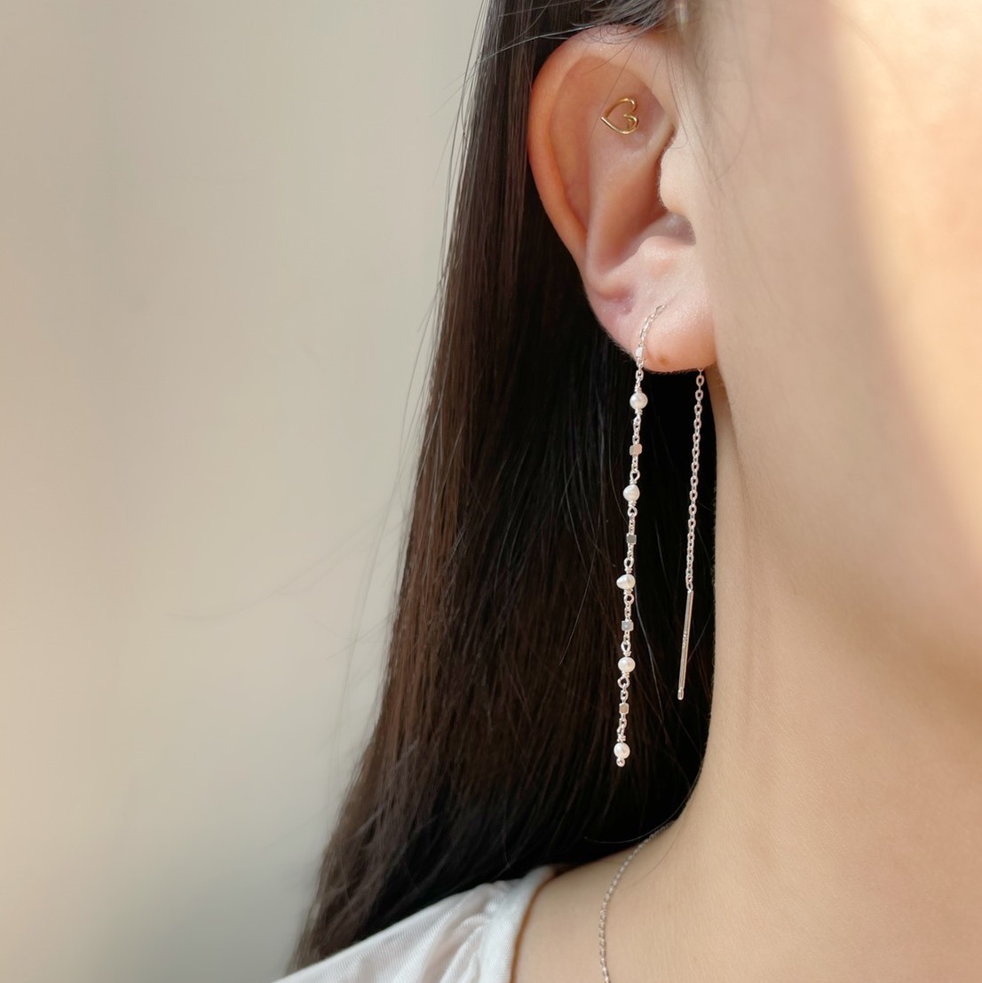 簡約珍珠小方塊耳鍊