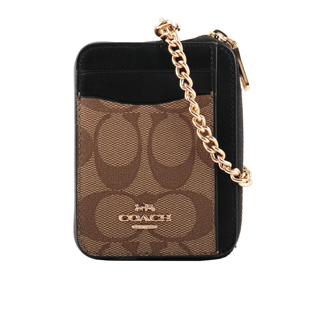 【COACH】PVC 拼皮革L型拉鍊卡夾/零錢包