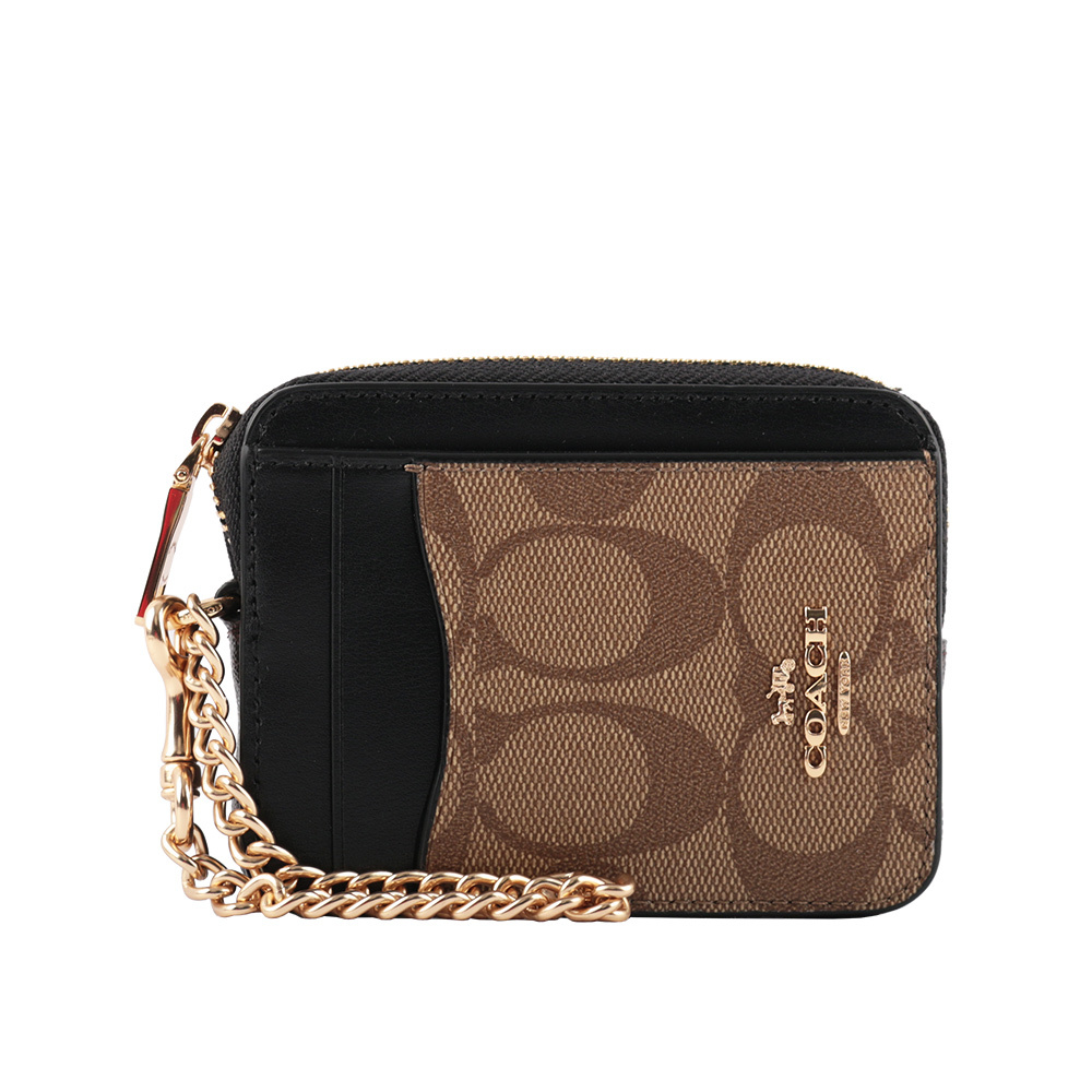 【COACH】PVC 拼皮革L型拉鍊卡夾/零錢包