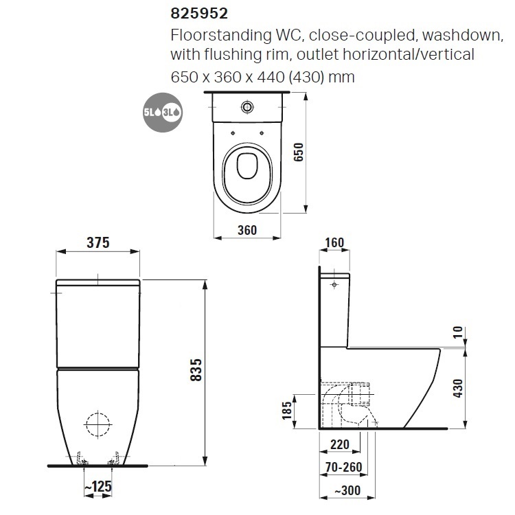 Laufen "Pro" 8.2595.2.000.231.1 + 8.2995.3.000.973.1 + 8.9896.6.000.000.1 Water Closet w/ Soft Closing Cover (Botton Left inlet)