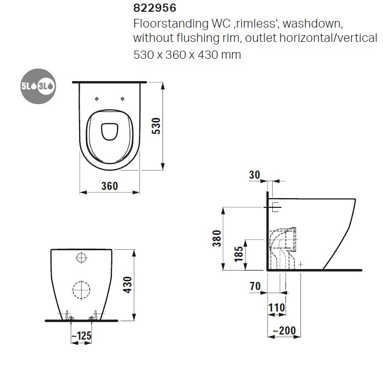 Laufen "Pro" 8.2295.6.000.000.1 + 8.9896.6.000.000.1 Rimless Floorstanding Toilet w/ Soft Closing Cover - Wels